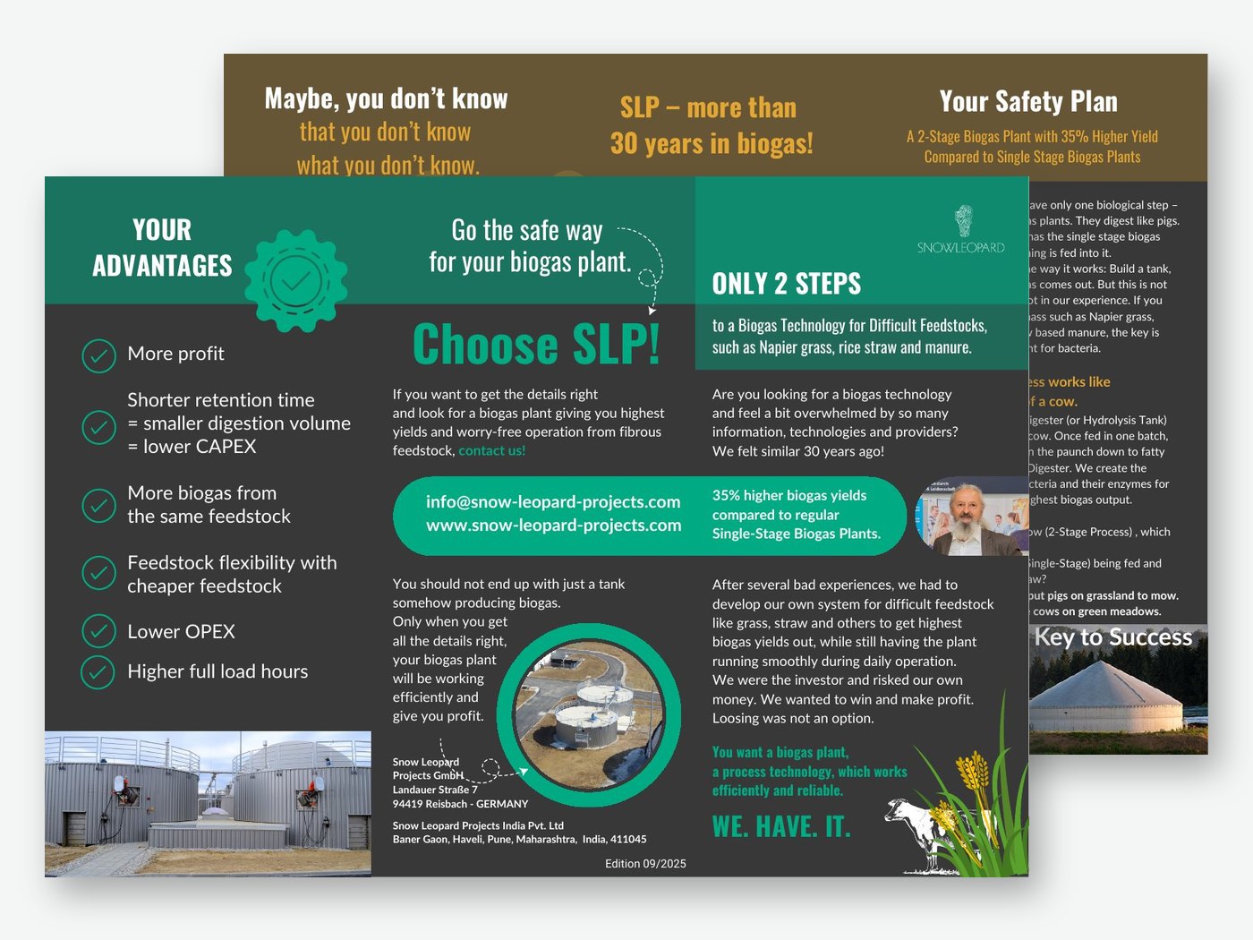 Preview of the two-page SLP flyer 2025 – Choose SLP: 2-stage biogas technology for difficult feedstocks